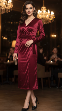 Elegante vestido para mujer de invitada de boda con manga larga y diseño cruzado | Midi
