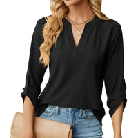 Refinada blusa y top elegantes de cuello en V con mangas largas y corte recto