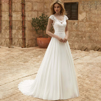 Elegante vestido de novia de invitada de boda con encaje escote en V y corte en A | Maxi