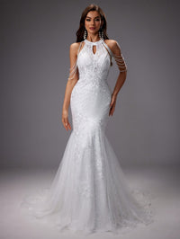 Elegante vestido de novia sirena de invitada de boda con encaje y cuello halter | Maxi