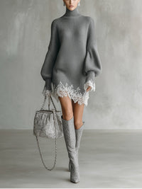 Elegante vestido corto de invierno con cuello alto encaje y manga larga | Mini