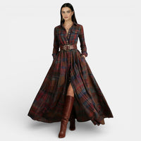 Estiloso vestido largo camisero para mujer con manga larga cuadros y cinturón | Maxi