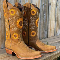 Estilosas botas cowboy de mujer con bordado de girasoles y puntera afilada