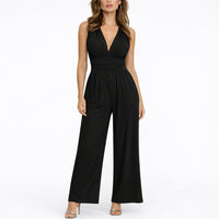 Elegante mono de pierna ancha con escote en V sin mangas