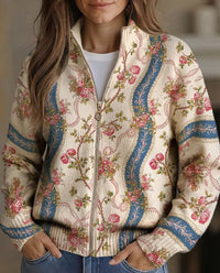 Estilosa chaqueta de punto tipo bomber con cremallera dorada y bolsillos
