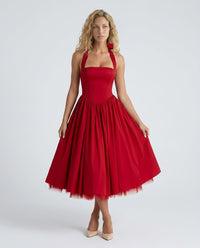 Vestido midi corsé de cóctel con cuello halter y bajo de tul