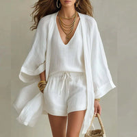 Relajado conjunto de tres piezas casual con top de escote en V y shorts con cordón