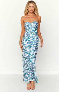 Elegante vestido largo ajustado de fiesta anudado con estampado floral azul | Maxi