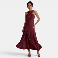 Elegante vestido largo de gasa de fiesta de invitada de boda con detalle de lazo | Maxi
