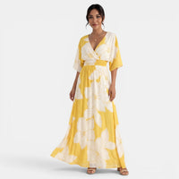 Elegante vestido largo floral para mujer con manga larga escote en V y espalda abierta | Maxi
