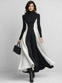 Elegante vestido largo de invitada de boda de invierno con cuello alto y manga larga | Maxi
