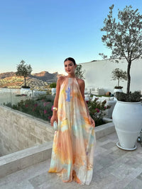 Elegante vestido largo estampado de fiesta con espalda descubierta | Maxi
