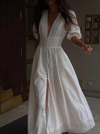 Refinado vestido largo camisero casual con botones y mangas abullonadas | Maxi