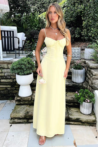 Elegante vestido largo de invitada de boda palabra de honor fruncido con tirantes regulables | Maxi