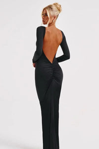 Refinado vestido largo negro de noche con manga larga y espalda descubierta | Maxi