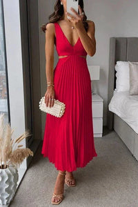 Elegante vestido midi plisado de invitada de boda con escote en V y recortes | Midi