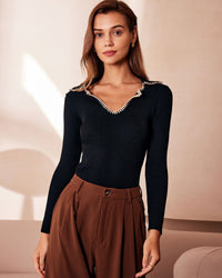 Camiseta de manga larga de punto con solapas y ribetes para mujer