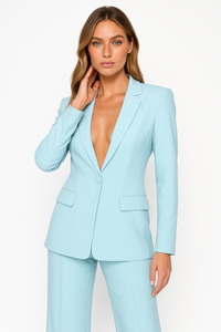 Elegante traje de mujer de dos piezas con blazer de escote en V y pantalón de cintura alta
