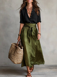 Elegante conjunto de dos piezas con camisa de botones y falda midi de cintura alta