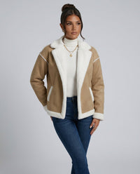 Chaqueta teddy de pelo mujer con solapa de muesca