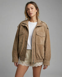 Relajada chaqueta bomber caqui de cuello alto con cremallera y bolsillos